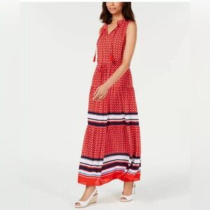Charter Club Preppy Tiered Maxi dress, Sleeveless V-neck, Red Blue White, 10